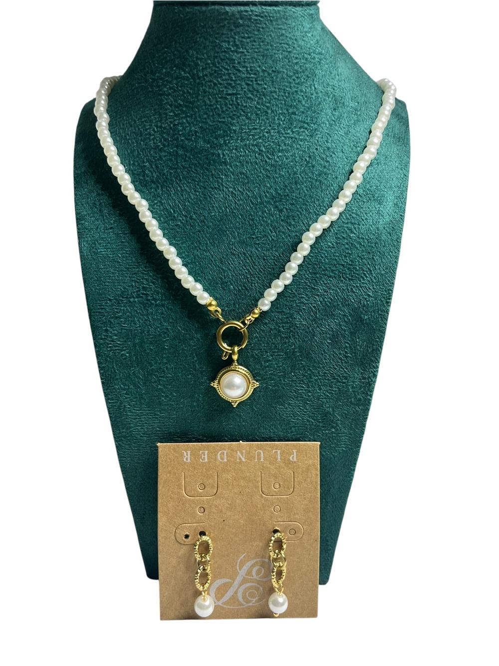 Front clasp faux Pearl Bead Necklace with Gold Pendant and Matching Earrings set